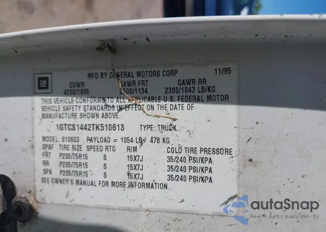 1996 GMC Sonoma z USA, uszkodzony, nr VIN 1GTCS1442TK510613